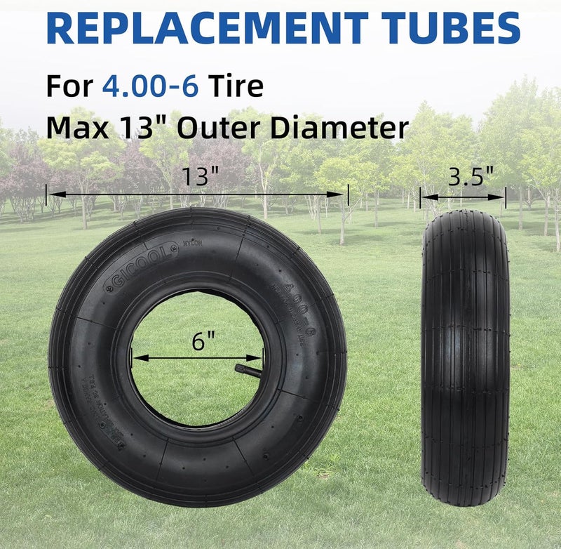 GICOOL 4.00-6 Replacement Tire and Inner Tube Set, 2 Pack, 13" Heavy Duty Tire and Wheel, TR-13 Straight Valve Stem, for wheelbarrow Trolley Dolly Garden Wagon Wheel Replacement - Image 2